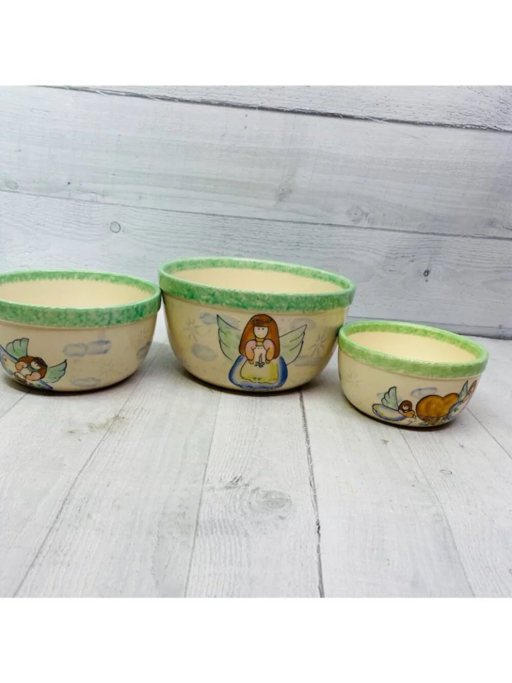 Vintage Vital Unit ANGELS GREEN SPONGE Clouds Stars Stoneware Nesting Bowl Set 3